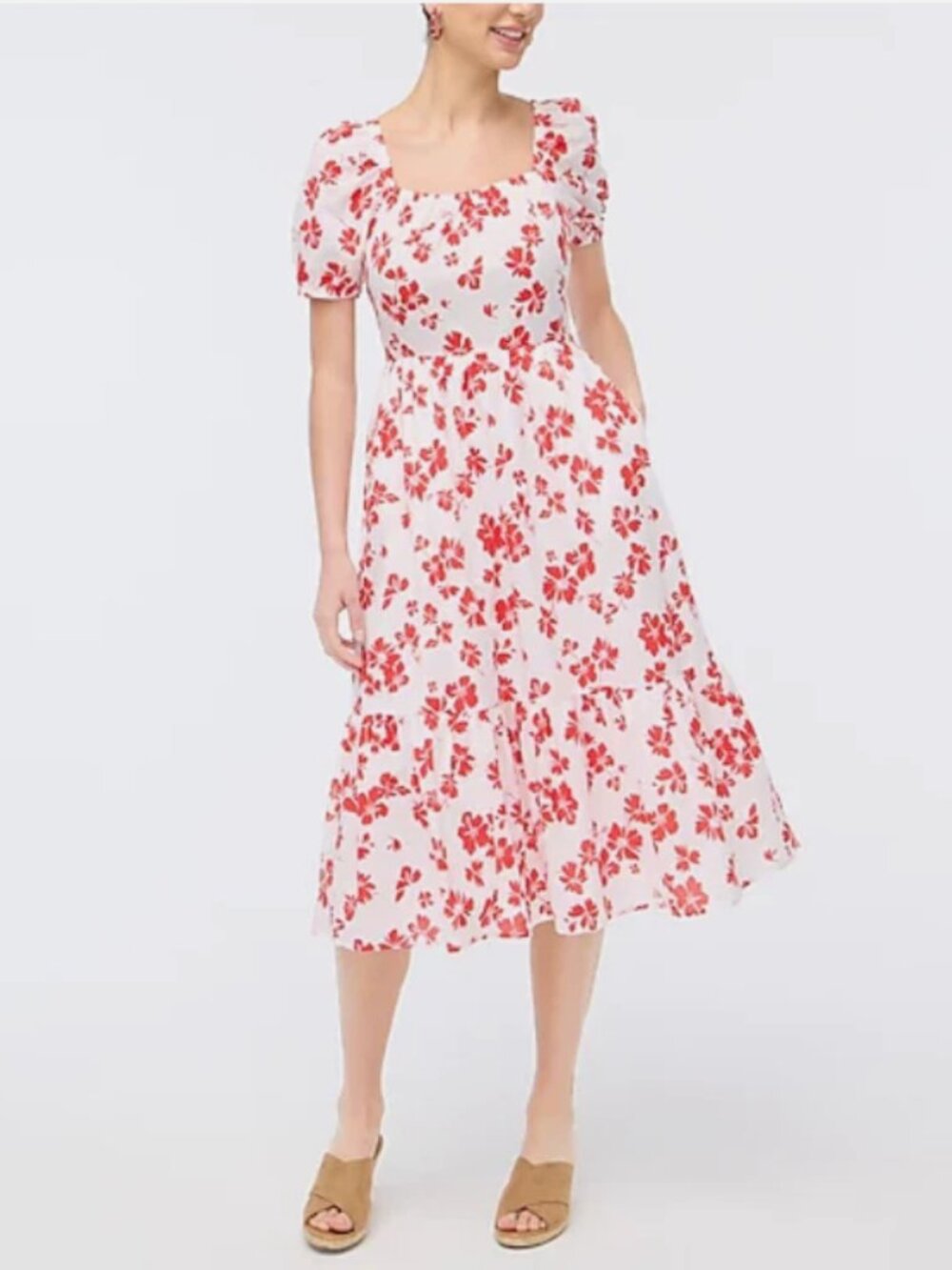 J.Crew Red Floral Cotton Puff Sleeve Tiered Midi Dress Size 8